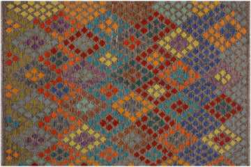 Flat Weave Kilim, Antique, Navaho, Vintage, Handmade, Modern Kilim Brown Gray Hand-Woven Rectangle 100% Wool Area Rug 7 x 10